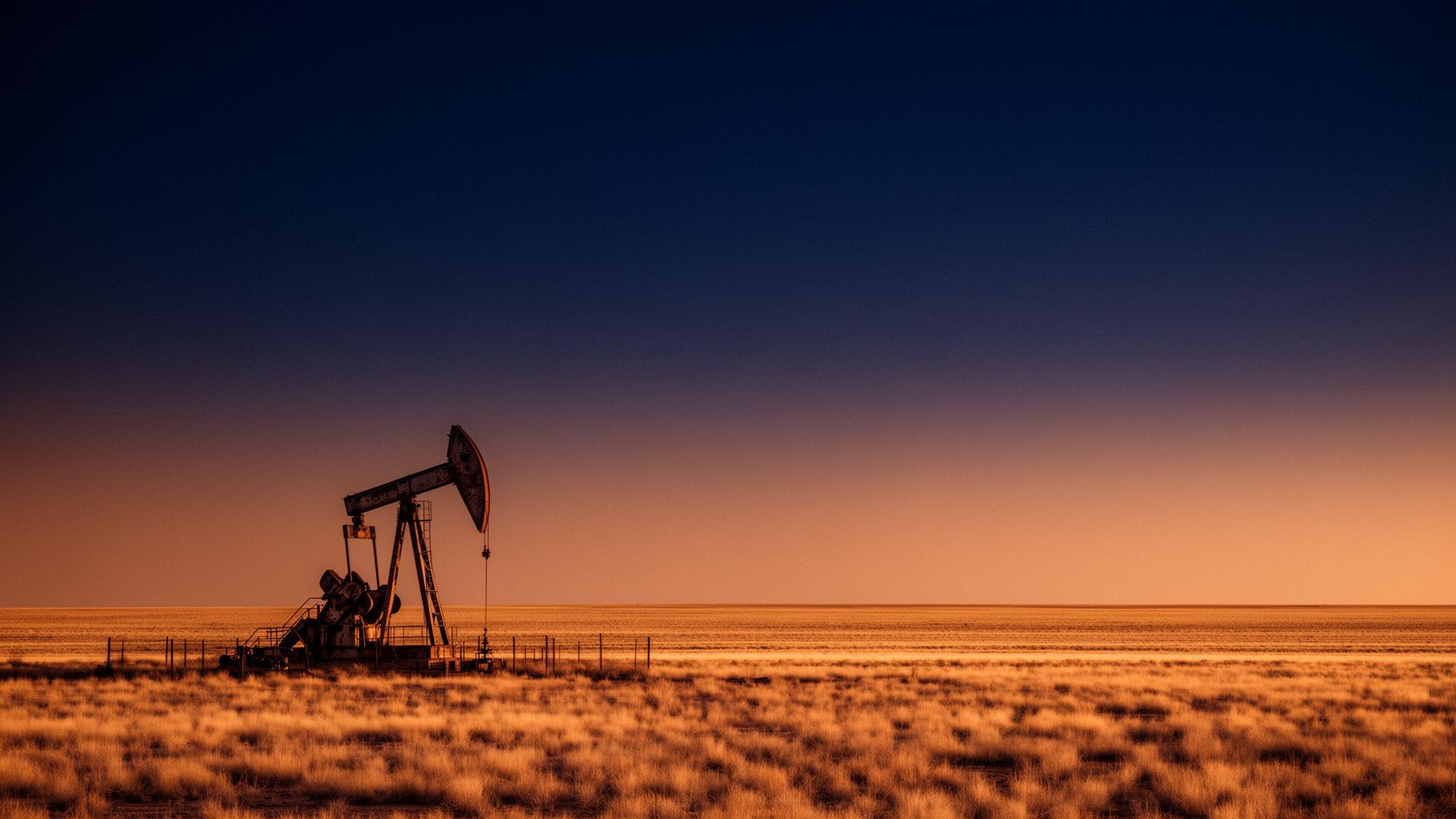Lone pumpjack on the West Texas prairie at golden hour
